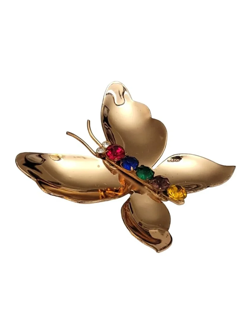 Coro Sterling Gold Tone Multicolor Rhinestone Butterfly Brooch, Signed M691